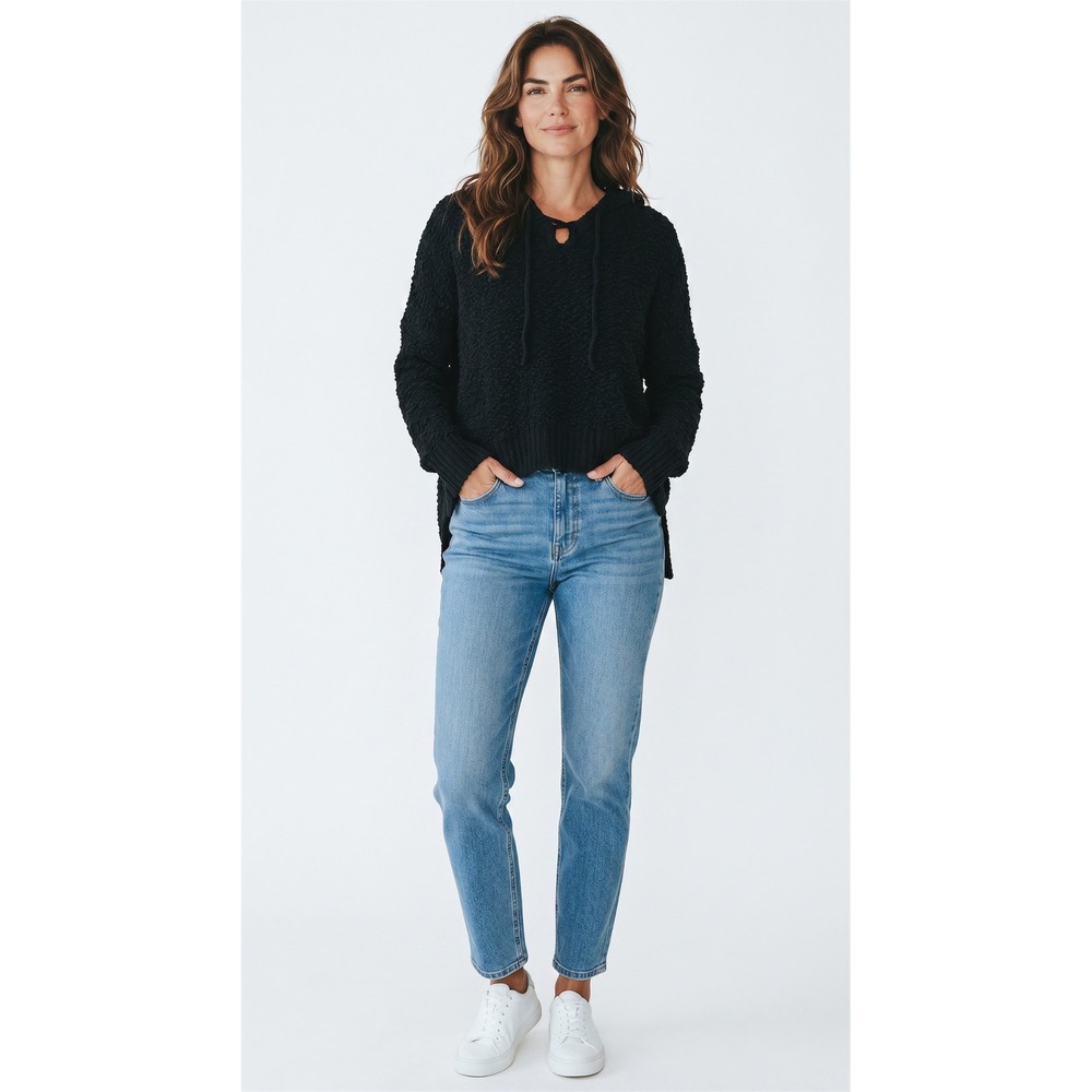 POL Black Popcorn Knit Hooded Sweater High Low Pullover POL15 Womens‎